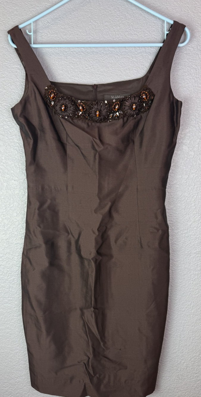 MaxMara Dress Womens 8 Brown Silk Sheath Beaded Embellished Cocktail Italy